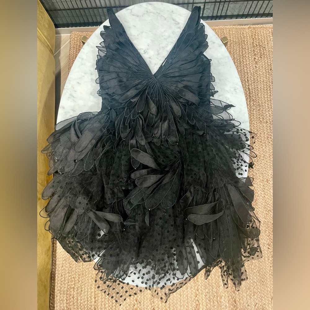 Zimmermann BlackSwan fluted tulle mini dress, feathers, deep plunge, EUC, 0(0-5) - Picture 12 of 16